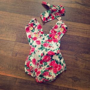 💕✨ Baby Girl Floral Romper with Headband✨💕